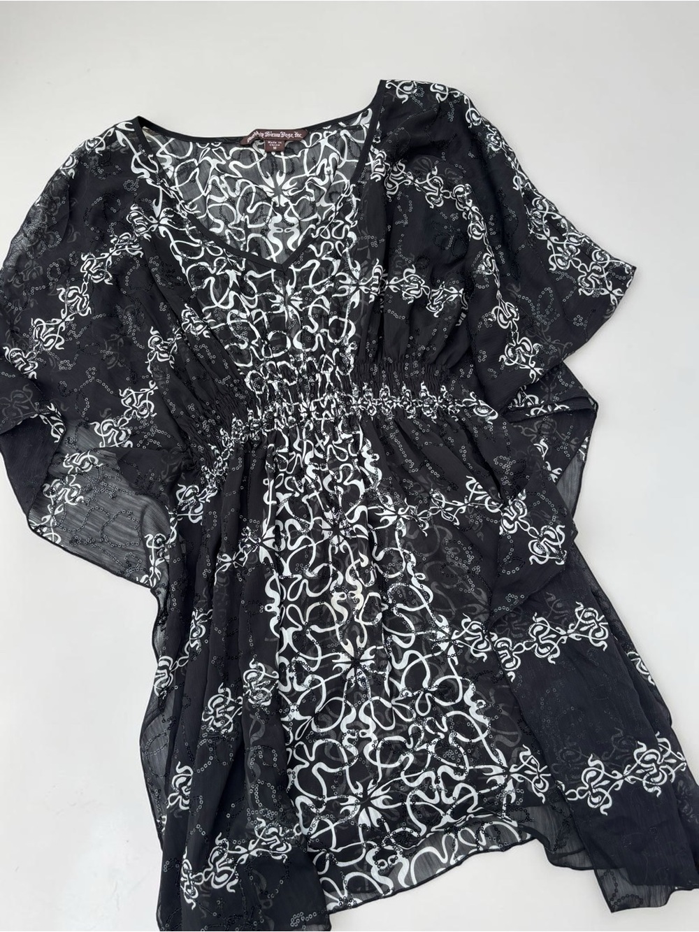 Y2K Black White Sequin Abstract Scroll Tunic Sheer Flutter Sleeve Boho M - Picture 8 of 11